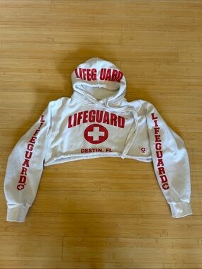 White and Red Lifeguard Cropped Hoodie - Destin, FL